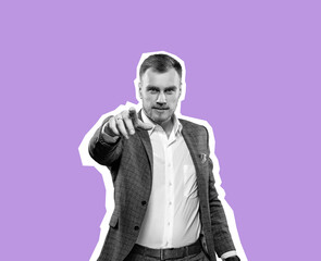 Emotional portrait of a man pointing his finger at the viewer on a dark blue background. Contemporary art collage. Inspiration, ideas, magazine style. Business and creativity concept. Copyspace for ad