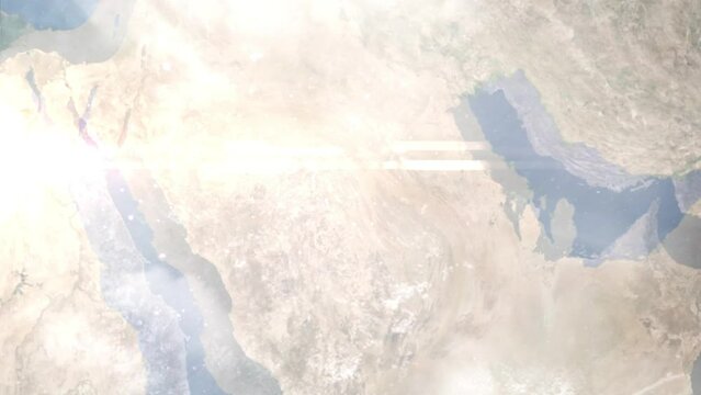 Earth zoom in from outer space to city. Zooming on Buraida, Saudi Arabia. The animation continues by zoom out through clouds and atmosphere into space. Images from NASA