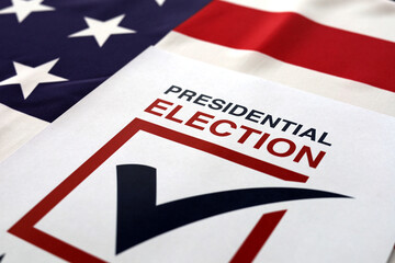 Presidential Election 2024 Written over Waving American Flag - 495010628