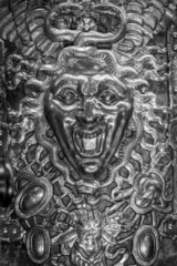 Medusa monster. Face of the Gorgon, gothic symbol of evil with snakes on hair.