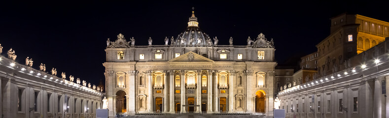 Saint Peter Basilica in Vatican City illuminated by night, masterpiece of Michelangelo and Bernini