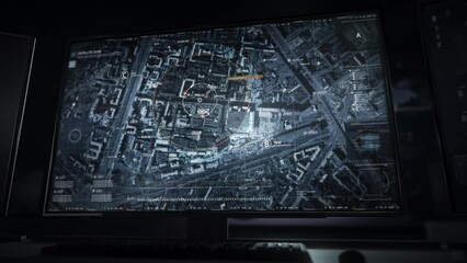 Security is using the modern radar system to observe the city. Radar system security is supervising the urban area. Radar system security identifies criminal activity on the main road. Police.