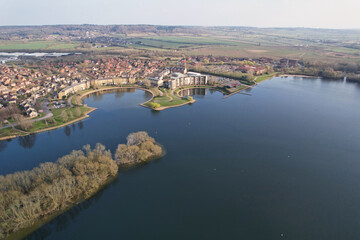 Best View of Caldecott Lake of England (caldecotte lake) drone footage