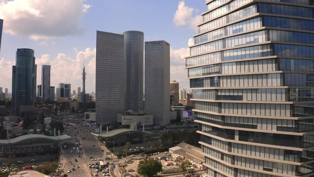 Tel Aviv Azrieli mall skyline - 4k aerial drone footage, Israel 
