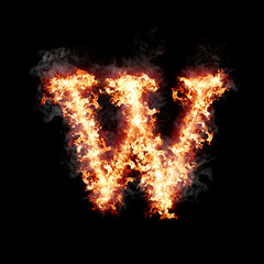 Fototapeta na wymiar Letter w burning in fire with smoke, digital art isolated on black background, a letter from alphabet set