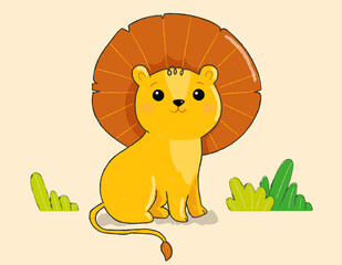 A young lion sits in the grass. Cute African animal in cartoon style. Vector illustration.
