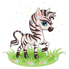 Cute cartoon zebra standing in grass vector illustration