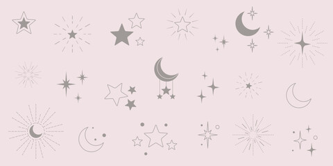 Gwiazdy i półksiężyce - srebrne błyszczące ikony. Gwieździsta noc, spadająca gwiazda, fajerwerki, migająca gwiazdka, świecące, wektorowe ilustracje.
