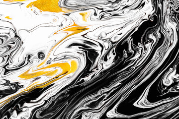 Fluid art texture. Abstract background with swirling paint effect. Liquid acrylic artwork that flows and splashes. Mixed paints for website background. Golden, black and white overflowing colors.