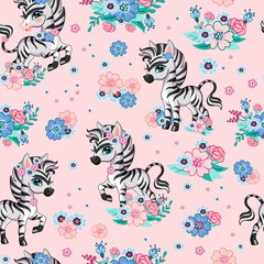 Seamless vector pattern with zebra and flowers pink © alinart