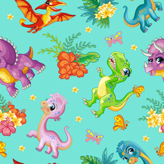 Seamless tropical pattern with cute dinosaurs vector © alinart