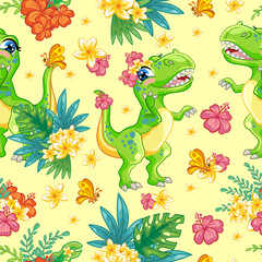 Seamless tropical pattern with cute tyrannosaurus vector