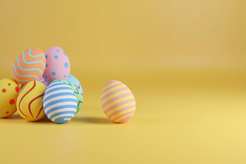 Easter eggs with copy space on yellow background. 3d illustration.