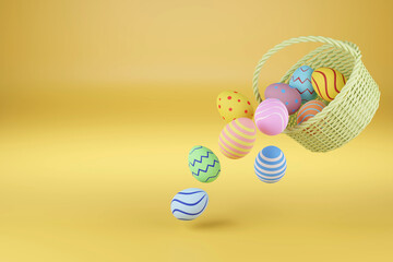 Easter eggs falling out of a basket with copy space . 3d illustration.