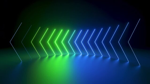 endless 3d animation, abstract background with arrows showing left direction, blue green neon light glowing in the dark