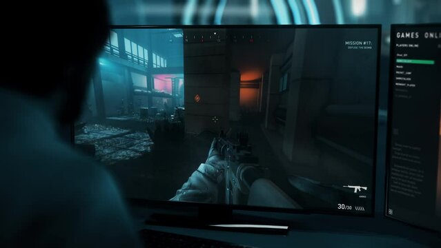 Killing the terrorist forces in order to complete the computer game level. Failing to achieve goal of the computer game level. Being defeated by an npc in the difficult computer game level