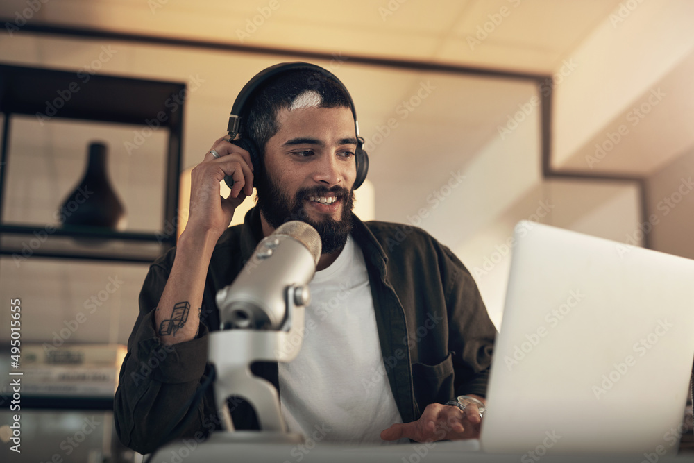 Aufkleber stay tuned for more awesome topics. shot of a young man using a headset, microphone and laptop durin