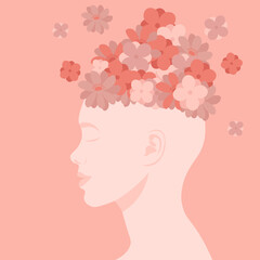 The head of a girl with flowers. A woman's face in profile. Psychological health, positive thinking, taking care of your mental state. Good kind thoughts. Flat vector illustration. Metaphor