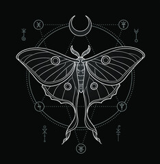 Luna moth with pentagram and alchemy symbols. Vector illustration in cabalistic style