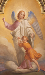 ROME, ITALY - AUGUST 28, 2021: The fresco of Guardian angel in church Chiesa di San Francesco...