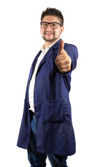 latino man, engineer with blue coat on white background, giving like