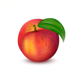 Realistic Fresh sweet peach with green leaf isolated on white background. The illustration of a ripe peach for creating packaging, banners, web design or patterns.	
