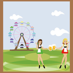 Two girls with traditional german clothes and beers Carousel park Vector