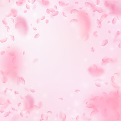 Sakura petals falling down. Romantic pink flowers vignette. Flying petals on pink square background. Love, romance concept. Ideal wedding invitation.