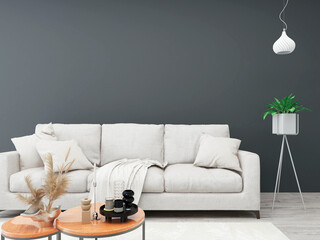 Gray color wall mockup with ornate coffee table, ornamental plant, ceiling lamp and modern white sofa. 3d illustration, interior design, 3d rendering
