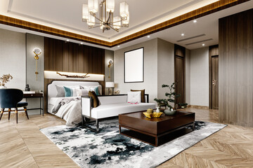 3d render of luxury hotel room, bedroom