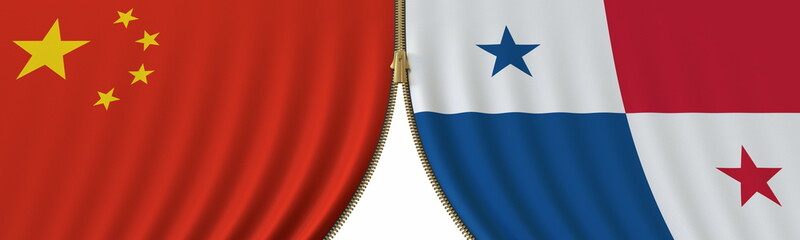 China and Panama political cooperation or conflict, flags and closing or opening zipper, conceptual 3D rendering