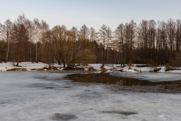 Melting ice and snow. Spring landscape, evening forest with a river. The beginning of spring....