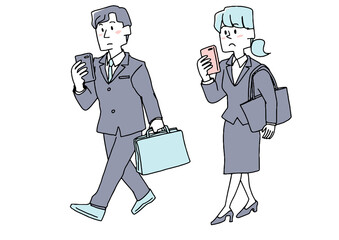 歩きスマホをしている人々のセット　コミカルな手書きの人物　ベクター、線画にカラー