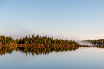 Fototapeta premium The edge of a pond with tall green and orange colored trees. The autumn forest and deep blue sky are reflected in the calm blue pond water. There's a light mist on the water along the riverbank.