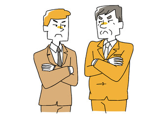 いがみ合う若い社員と年配の社員　コミカルな手書きの人物　ベクター、線画にカラー