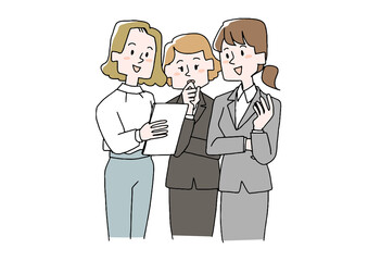 資料を見ながら話し合うビジネスマン（女女女）コミカルな手書きの人物　ベクター、線画にカラー