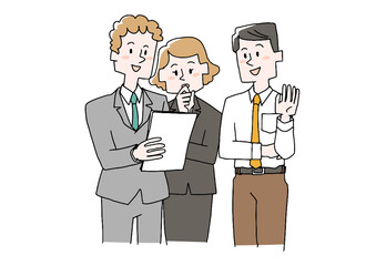 資料を見ながら話し合うビジネスマン（男女混合）コミカルな手書きの人物　ベクター、線画にカラー