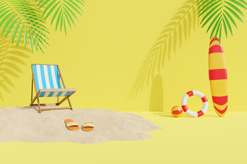 beach illustration with chair and sand on pastel yellow background Summer vacation concept. 3d...
