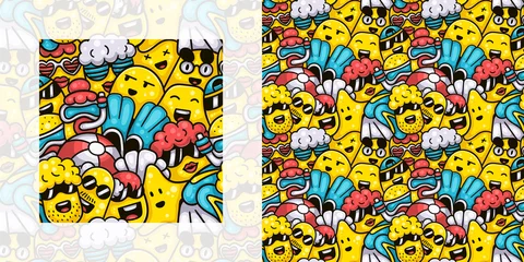 Tuinposter Cute monsters at the summer beach seamless doodle pattern   Pattern swatch included © Rajitha2t