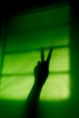 silhouette of a hand on a green background. Shadow of hand showing peace sign on wall. 