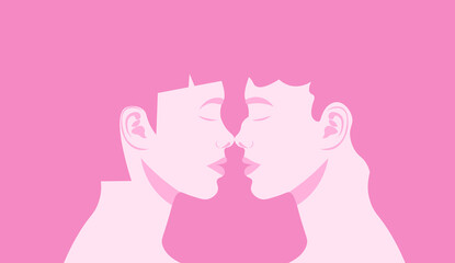 Female faces in profile, turned to each other. Lesbian love. Flat conceptual vector illustration