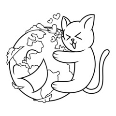 Coloring illustration of cartoon cat hugging the earth