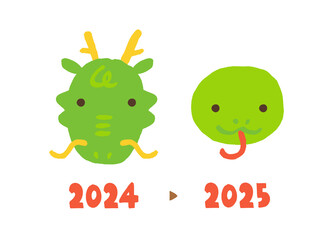 かわいいタツとヘビの顔と2024年から2025年の数字／手描き文字イラスト
