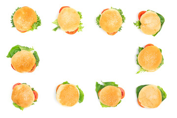 Pattern, bread, burger, hamburger, or barbecue. With vegetable and tomato salad on a white background