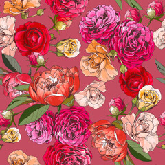 Floral seamless pattern with camellia, peonies and roses