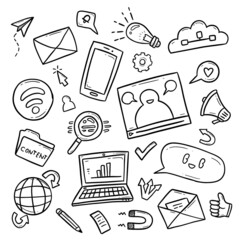 hand drawn outline doodle drawing of digital internet marketing related object illustration collection set
