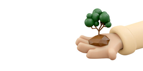 Fototapeta na wymiar 3D Rendering of hand holding tree icon concept of World Environment Day background, banner, card, poster. 3D Render illustration cartoon style.
