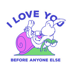 Retro emblem of cartoon rabbit sitting on snail