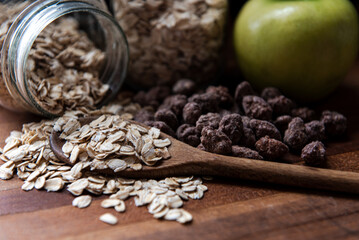 Wholesome Old Fashioned Breakfast ingredients with Green Apple, Nuts, and Oats