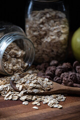 Old Fashioned Breakfast Ingredients with nuts, Oats and Green Apple
